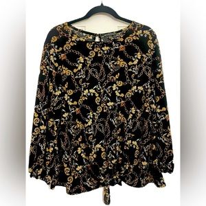 Adrianna Pappell Long Sleeved Black & Gold Print Blouse Top Size XL